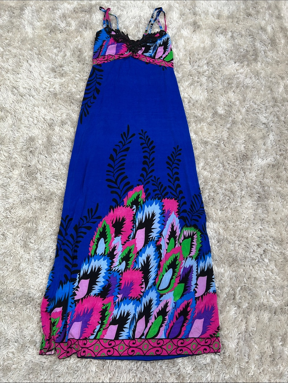 Bright Blue Floral Maxi Dress with Pink & Green Accents